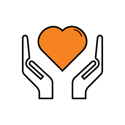 An orange coloured heart in the middle of two hands holding out to receive it.