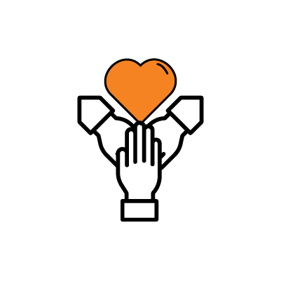 Three hands on top of each other with an orange coloured heart at the top.