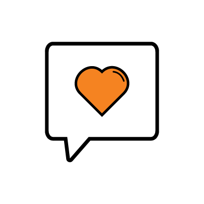 A speech bubble with an orange coloured heart inside of it.