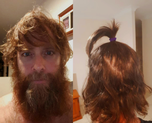 Photos of Trevor Beck, showing his full length of hair and beard as part of raising money for Beyond Blue.