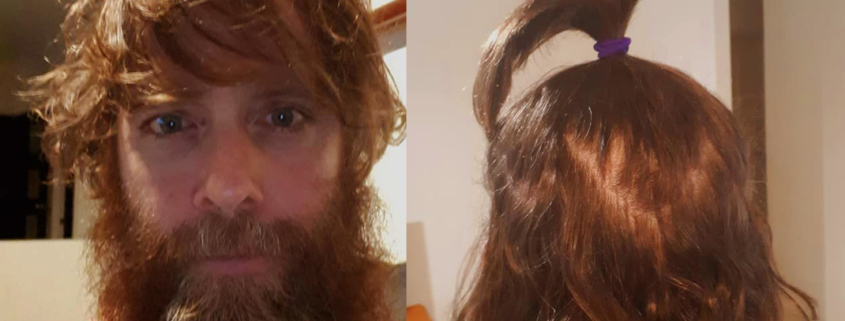 Photos of Trevor Beck, showing his full length of hair and beard as part of raising money for Beyond Blue.
