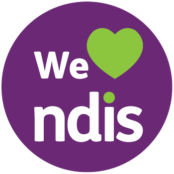We love NDIS logo - a purple circle with "We (heart symbol) ndis" in white lettering and the heart symbol and the dot on the I a light green colour.